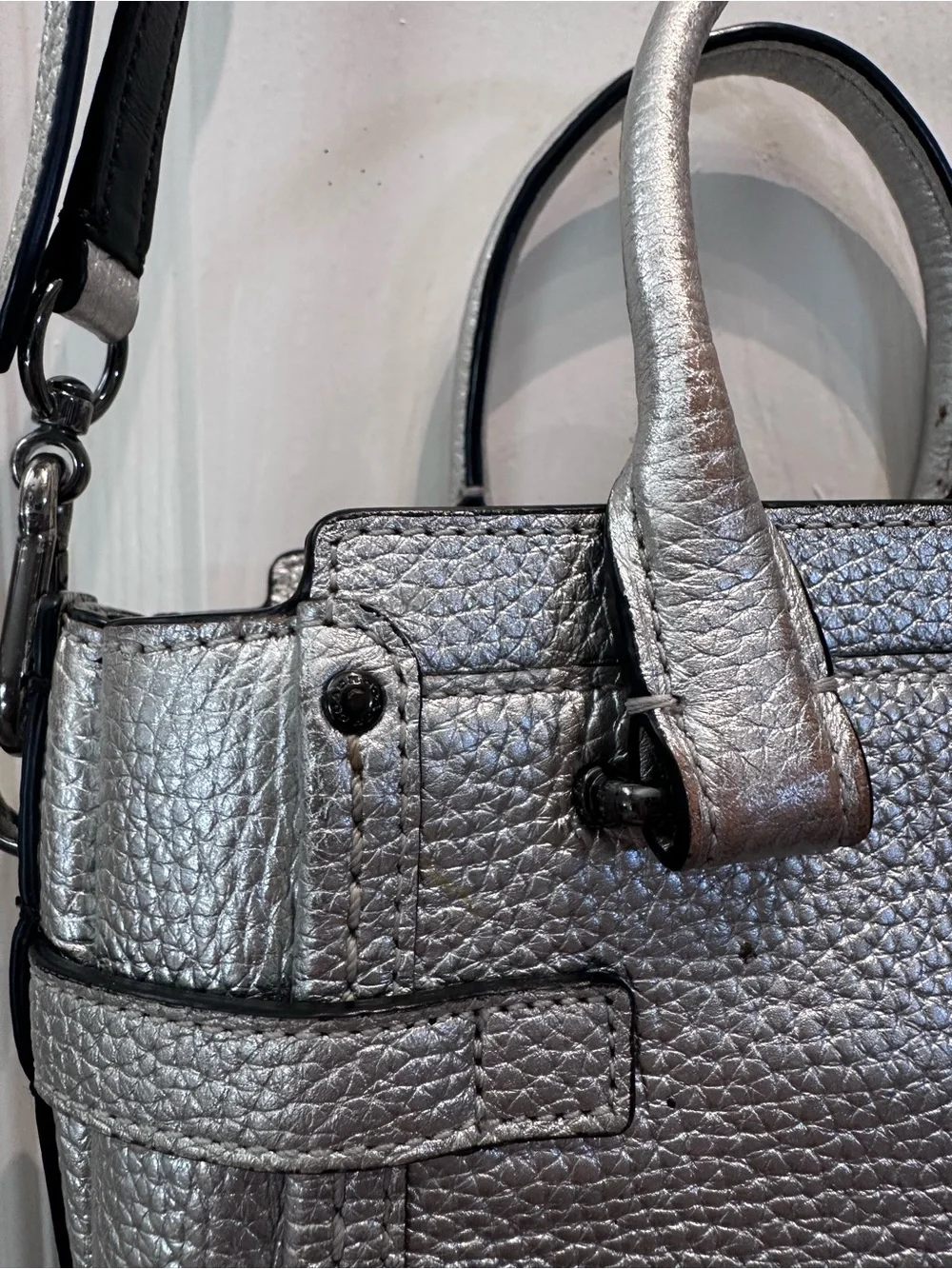 Coach Metallic Silver Leather Mini Swagger Satchel